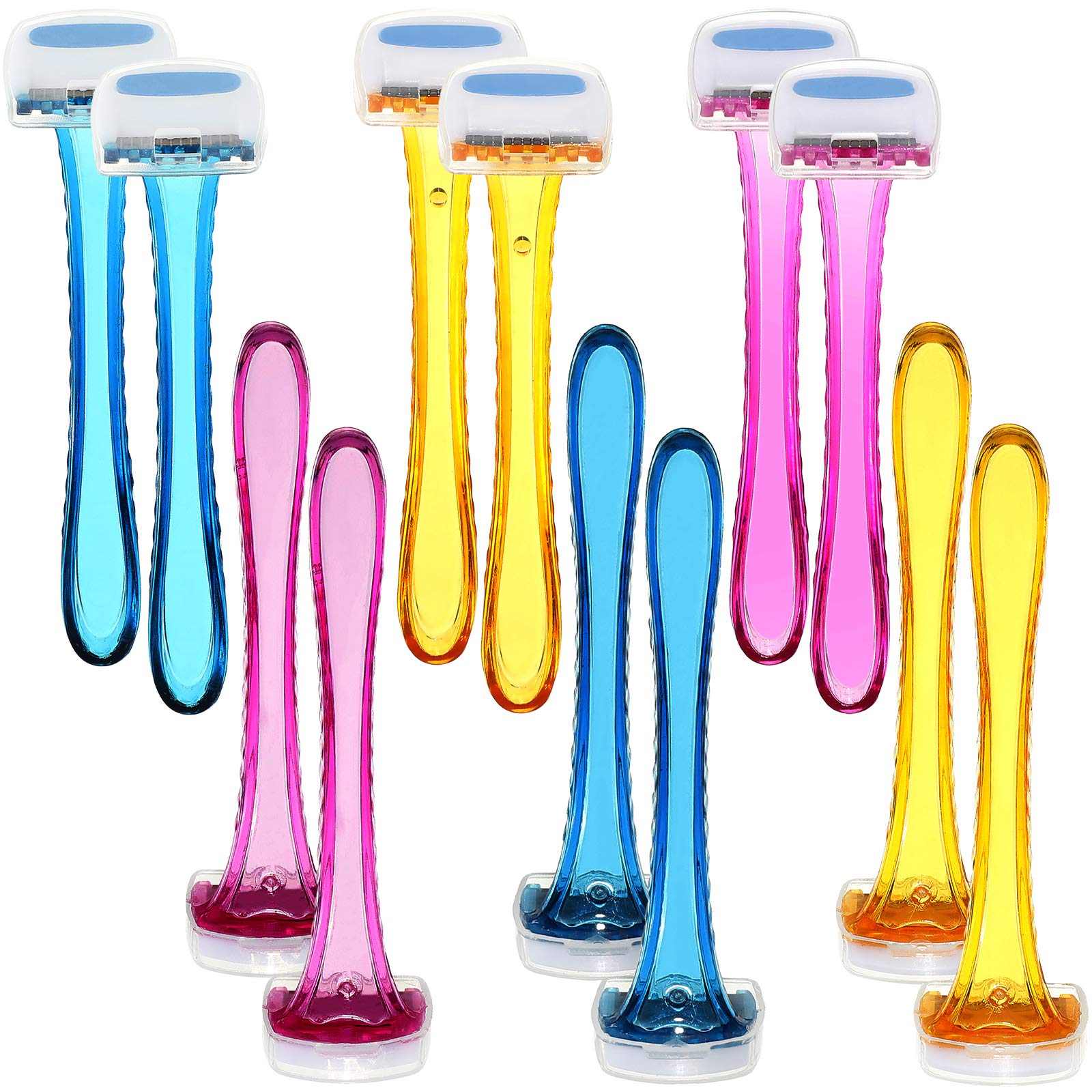 Photo 1 of Honoson 12 Pcs Disposable Bikini Razors for Women Bikini Line Trimmer Shaver Small T Type Razor Durable Travel Accessories Pubic Hair Removal Beauty for Body Cosmetic Tool(Light Pink, Yellow, Blue)