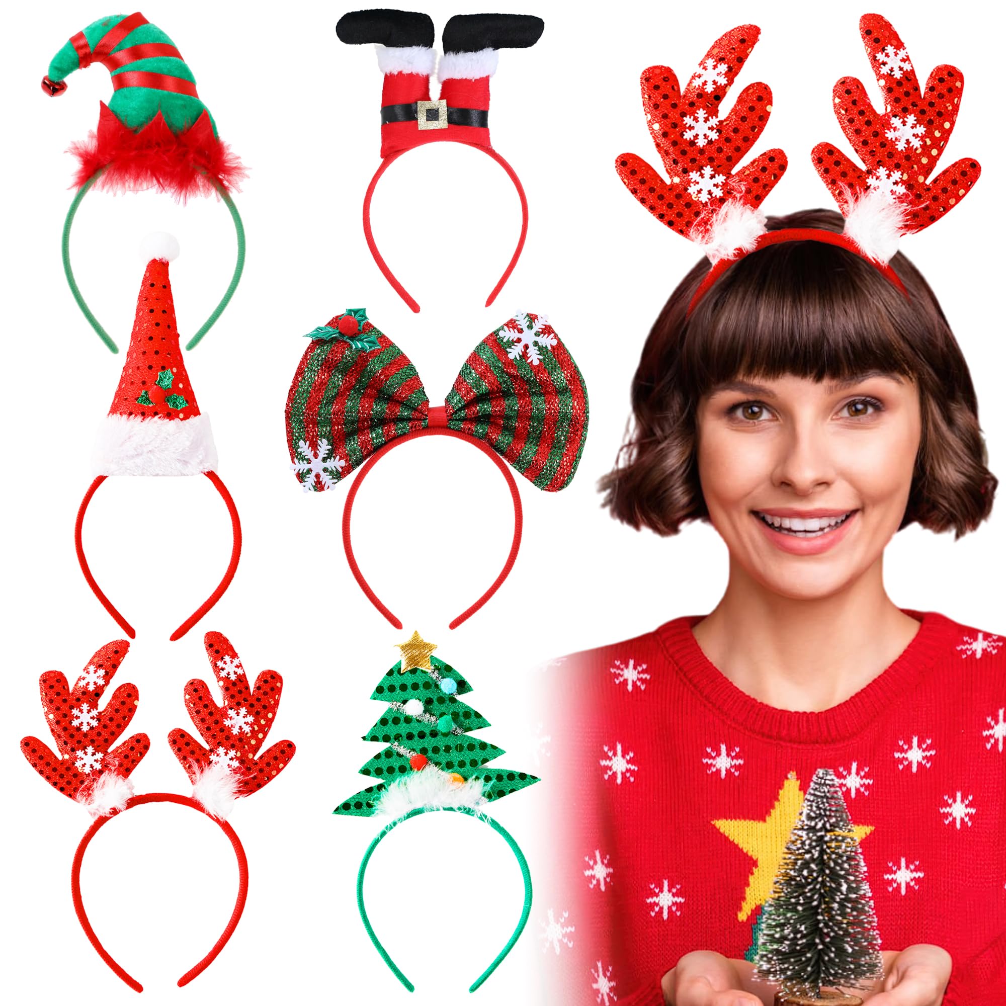 REDSTAR FANCY DRESS 6pc Assorted Novelty Christmas Headbands for Adults and Kids - Xmas Headbands Adult Christmas Hair Accessories for Kids - Novelty Xmas Boppers Festive Headwear for Party