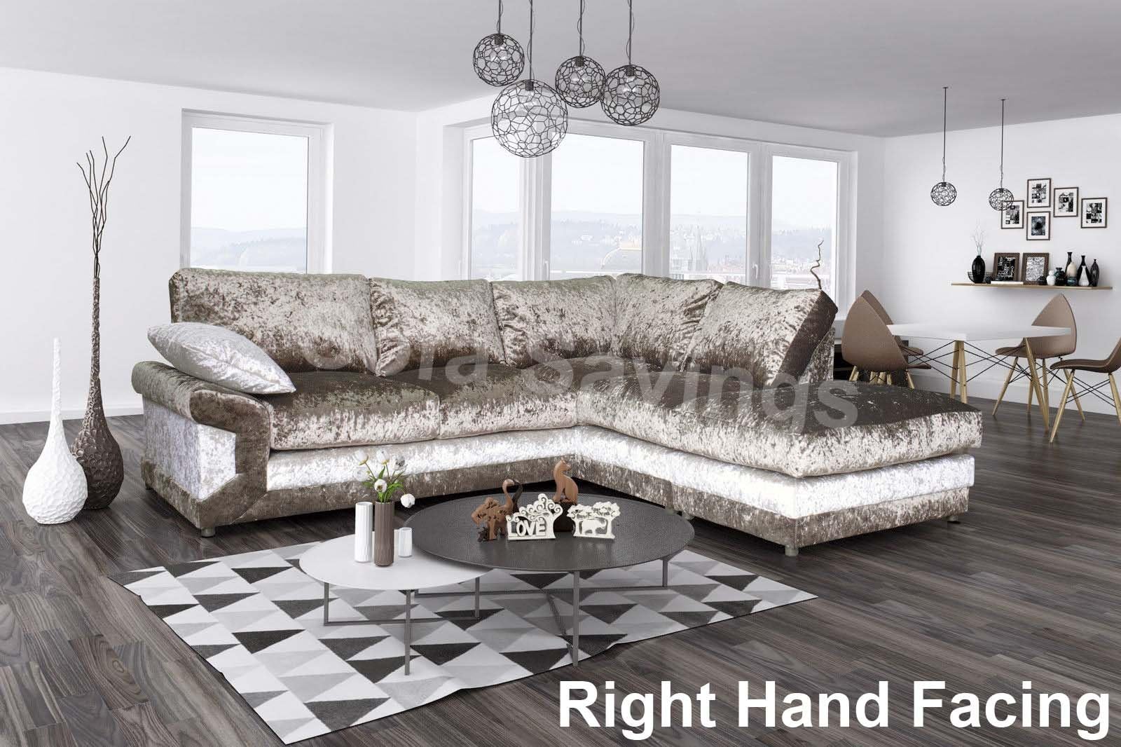 Malvin Crushed Velvet New Modern Brown Mink Fabric Corner Sofa - Formal Back FREE FOOTSTOOL (Right Hand Facing)