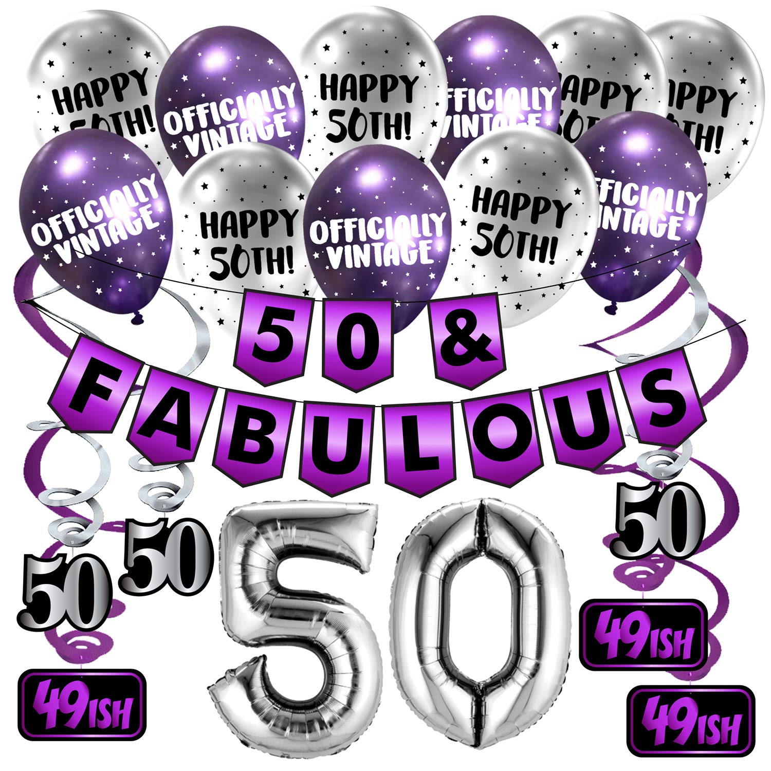 50 & Fabulous Birthday Party Pack - Purple & Silver Happy Birthday Bunting, Balloon, and Swirls Pack- Birthday Decorations - 50th Birthday Party Supplies