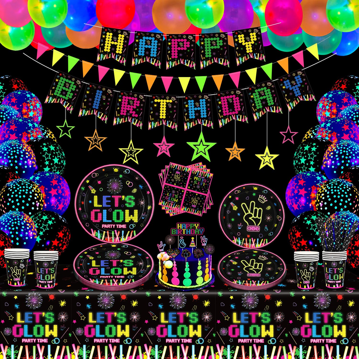 LKITMIUT 178 PCS Glow Neon Party Supplies in The Dark Decorations BlackLight Tableware Set - Plates, Banner, Fluorescent Balloons, Tablecloths, Hanging Stars, Cups, Napkins Serves 20
