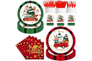 POQIRZAN 144Pcs Christmas Party Supplies, Christmas Plates and Napkins Set for 24 Guests, Merry Christmas Party Tableware Set for Buffalo Plaid Xmas Party Supplies Santa Christmas Dinner Party Decorations