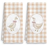 QICLM Farmhouse Goose Kitchen Towels Set of 2, Goose Decor Beige Gingham Checkered Dish Tea Towels, Coquette Pink Bow Goose Nursery Hand Towels for Bathroom Kitchen Decor, 16x24 Inch