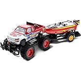 Mozlly Monster Truck Toys Set with Trailer Toy Boat - Friction Powered Hauling Truck and Trailer Toy, Big Toy Monster Truck with Boat, Adventure Truck Pulling Boat Toy Monster Trucks for Kids - 9 Inch