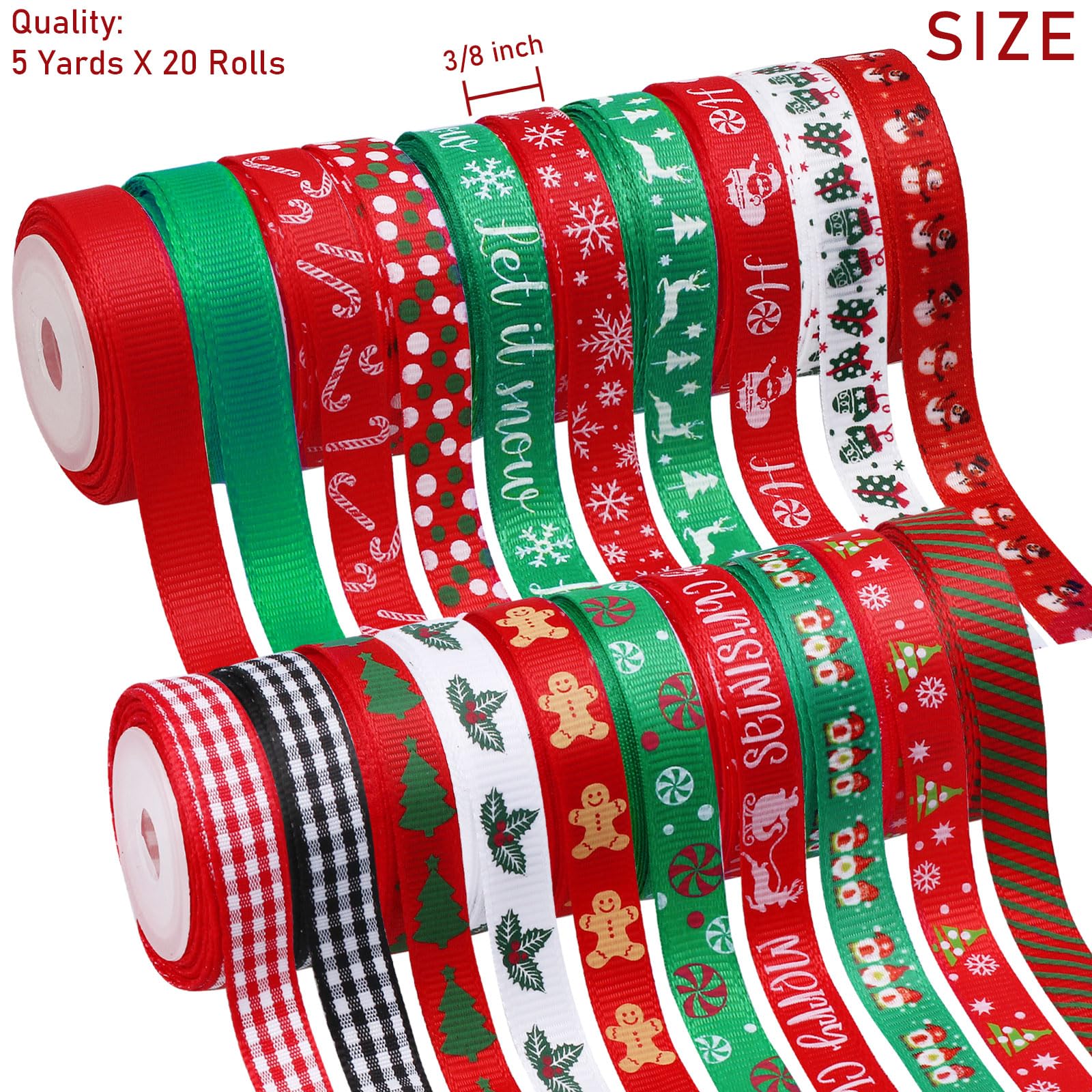 Vloso 20 Rolls 100 Yards Christmas Ribbon for Gift Wrapping,3/8 Inch Christmas Grosgrain Ribbon,Christmas Ribbon for Crafts DIY Holiday Christmas Decorations