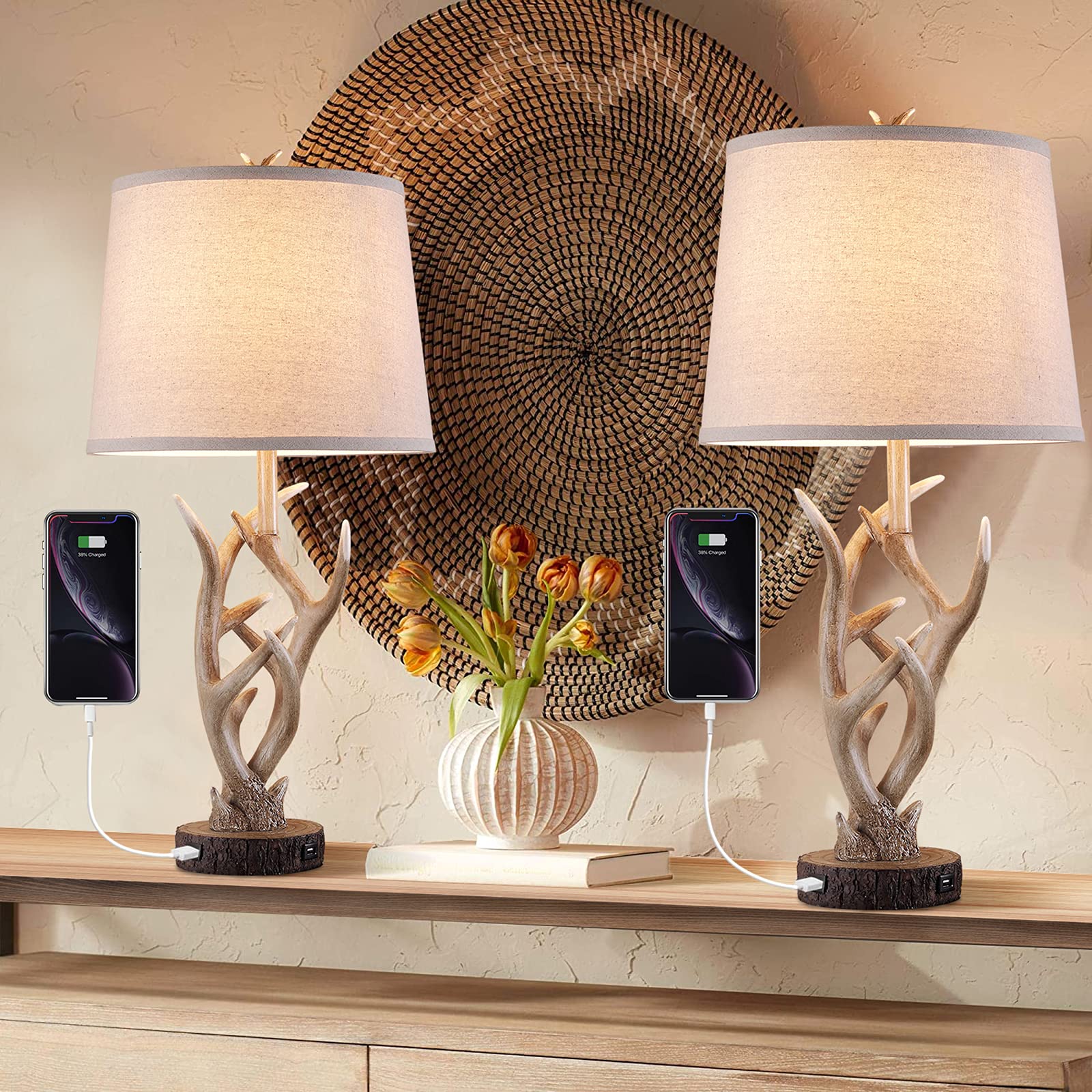 Dungoo 26" Rustic Antler Table Lamp Set of 2 for Living Room with USB Port