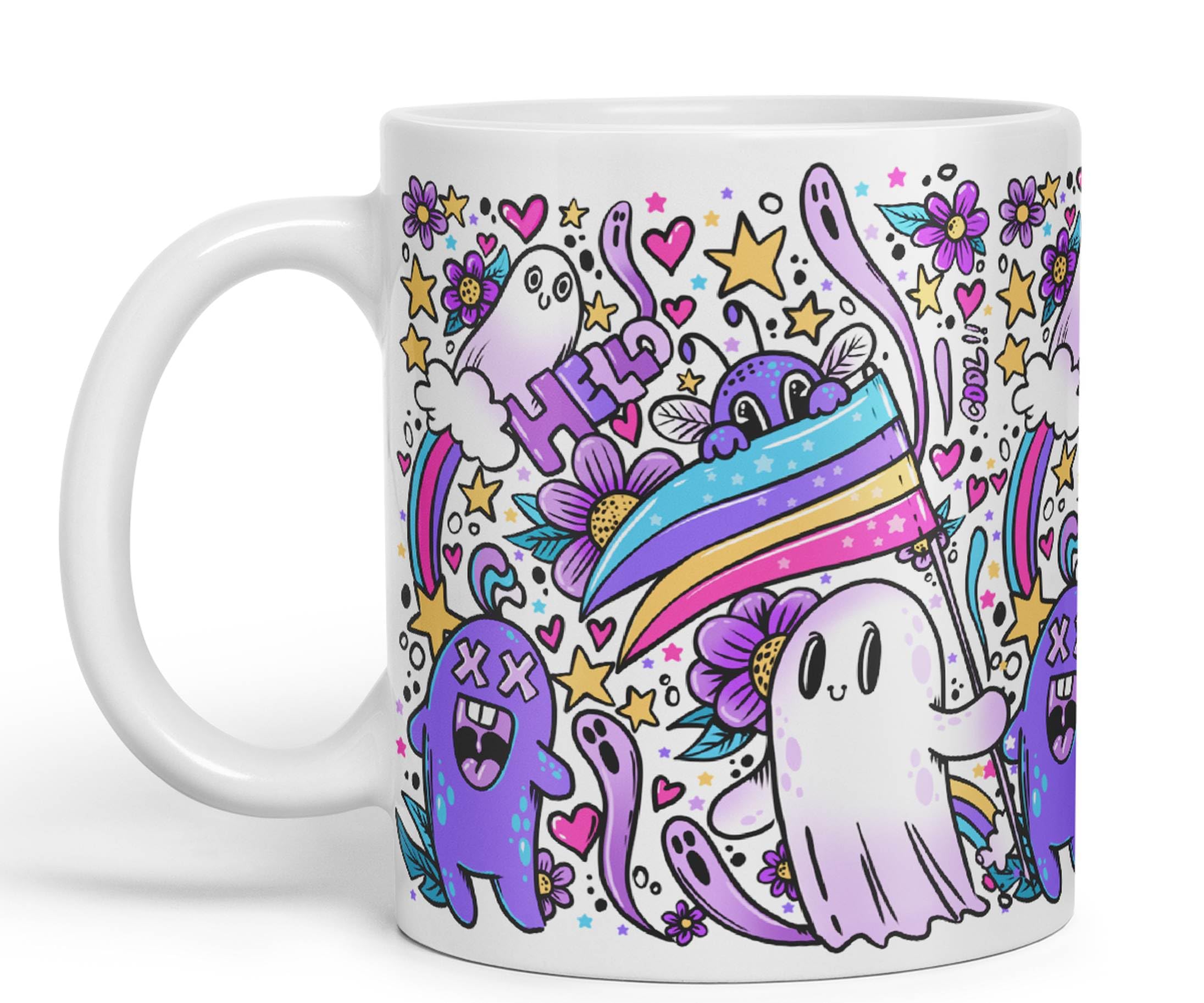 Vixar Hello Cool Kawaii Ghosts Coloured Ceramic Mug Cup Gift 330ml 11oz Work Office Tea Coffee (White)