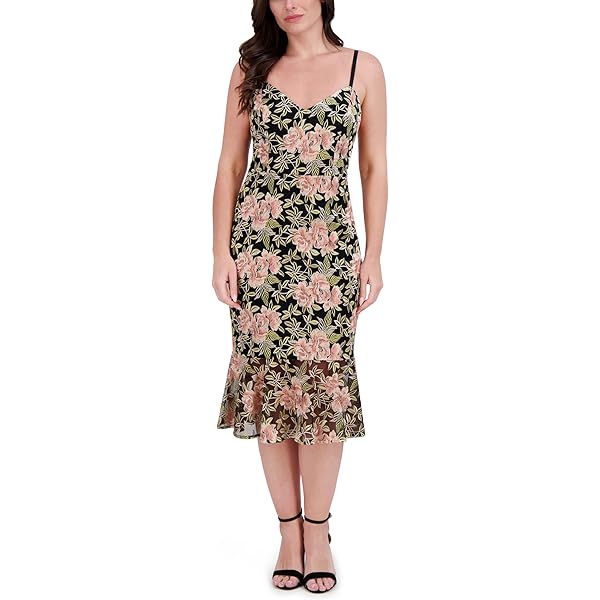 Siena Women's Floral Embroidered Mesh Midi Dress, Blck Multi at Amazon  Women's Clothing store