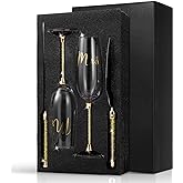 4 Piece Wedding Cake Knife and Champagne Flutes Server Set Mr and Mrs Toasting Flutes Crystal Rhinestone Cake Cutting Set for Bride and Groom Wedding Engagement Bridal Shower Gifts(Gold)