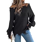 Vafect Women's Off Shoulder Oversized Knit Sweater Fringe Distressed Long Sleeve Casual Pullover (Black/White/Orange)