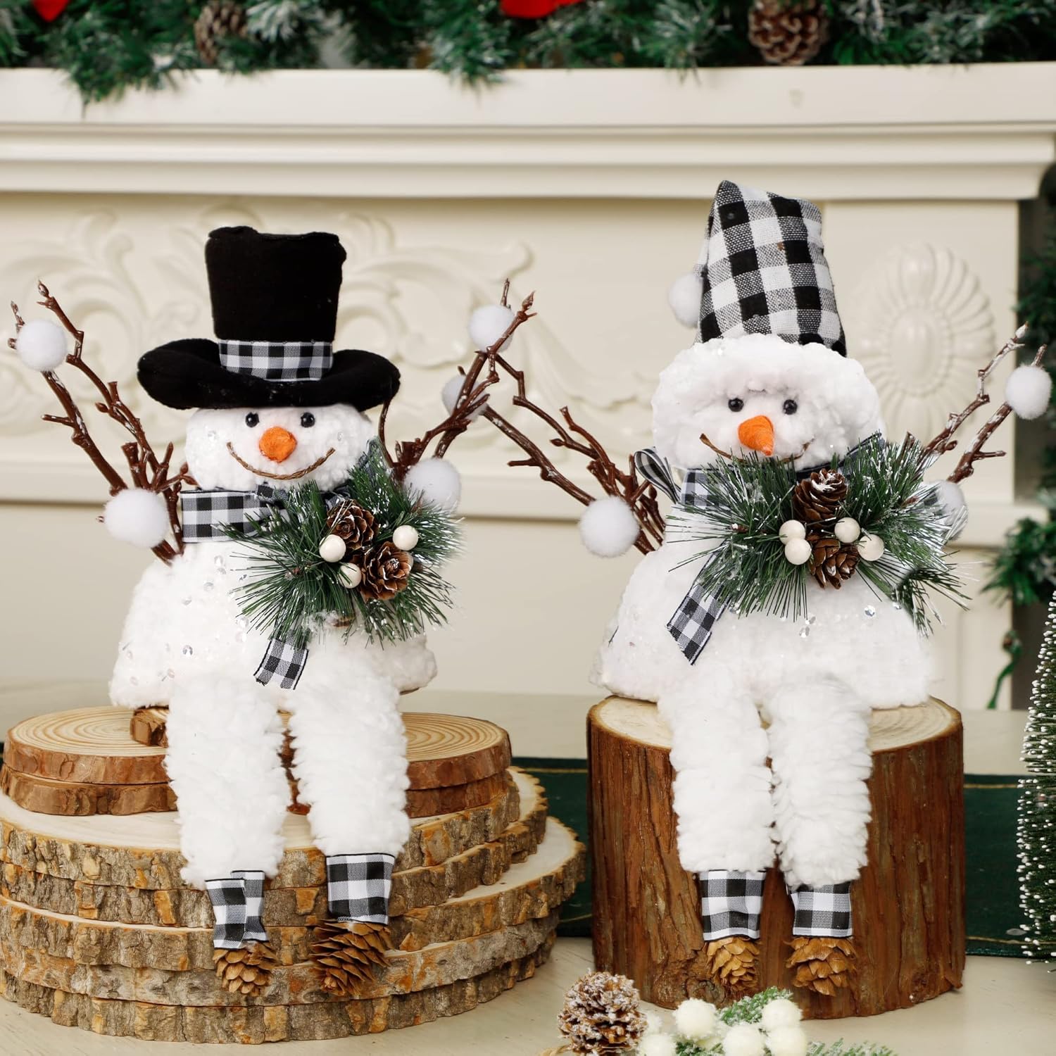 Trees - Lulu Home Christmas Snowman Decorations, Set of 2 Plush Shelf Sitters with Dangling Legs, Buffalo Checked Christmas Snowman Ornaments for Table Mantel Desk Fireplace Home Holiday Decor