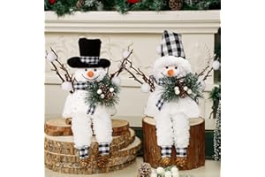 Lulu Home Christmas Snowman Decorations, Set of 2 Plush Shelf Sitters with Dangling Legs, Buffalo Checked Christmas Snowman Ornaments for Table Mantel Desk Fireplace Home Holiday Decor