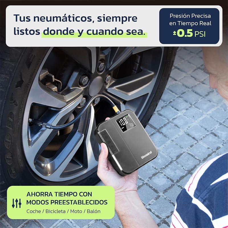 DP3 Inflador Ruedas Coche 150PSI/10,3Bar, Inflador Eléctrico, Compresor Aire Portátil, Bomba de Aire Eléctrica Recargable para Coche, Bicicleta, Motocicleta, Pelotas (Negro)