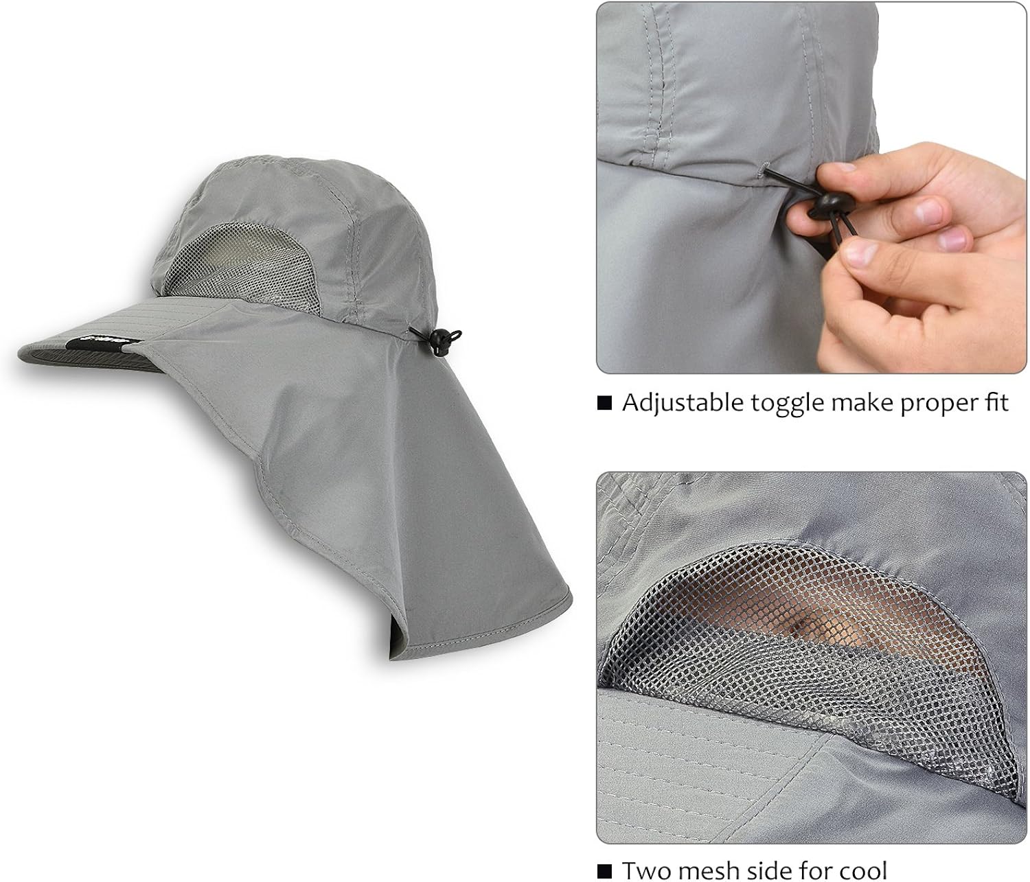 Mens Wide Brim Sun Hat with Neck Flap Fishing Safari Cap for Outdoor Hiking Camping Gardening Lawn Field Work, Grey: Clothing