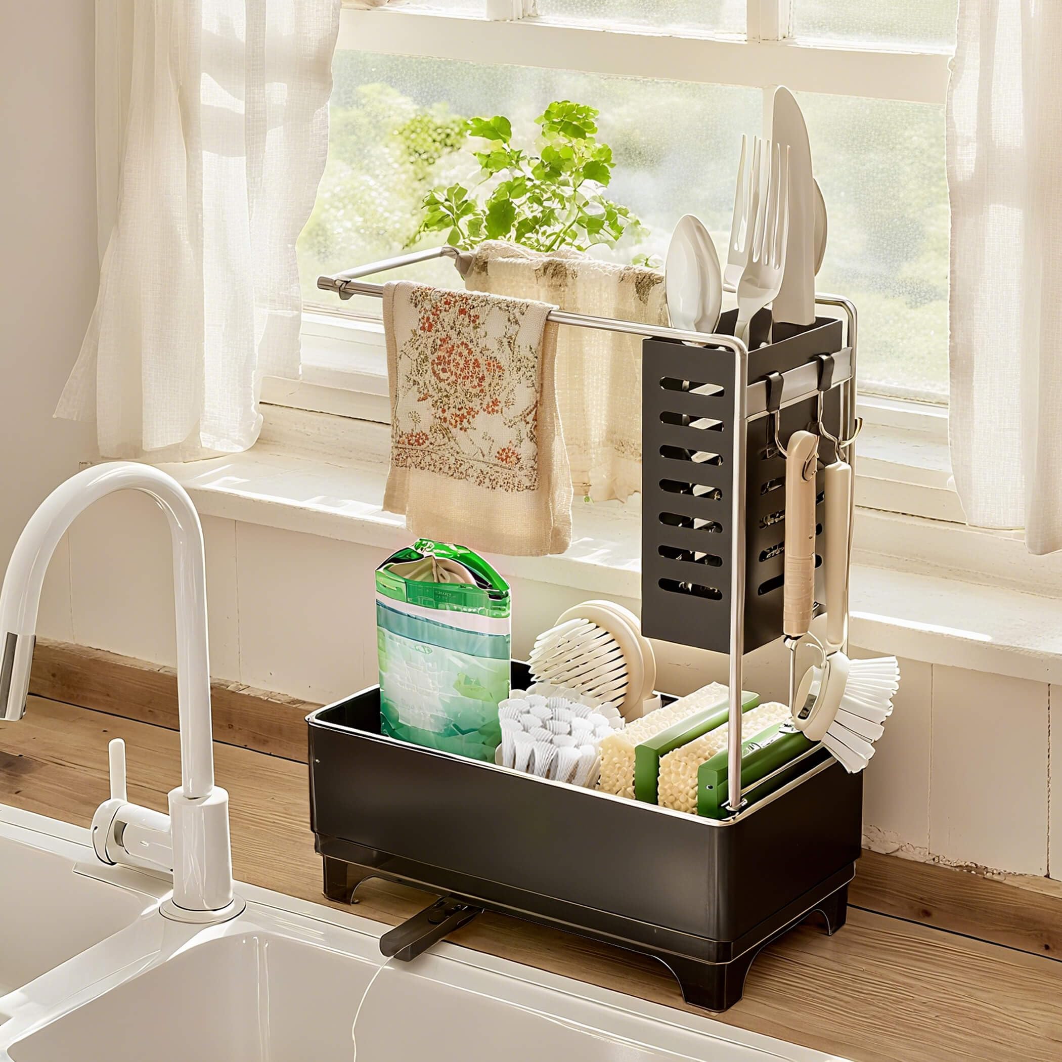 Photo 1 of MOUKABAL Sponge Holder for Kitchen Sink, 2-Tier Sink Caddy Organizer with Drain Holes and Hooks, Holds Dishcloth, Sponge & Brushes, Kitchen Countertop Storage for New Home Essentials Black