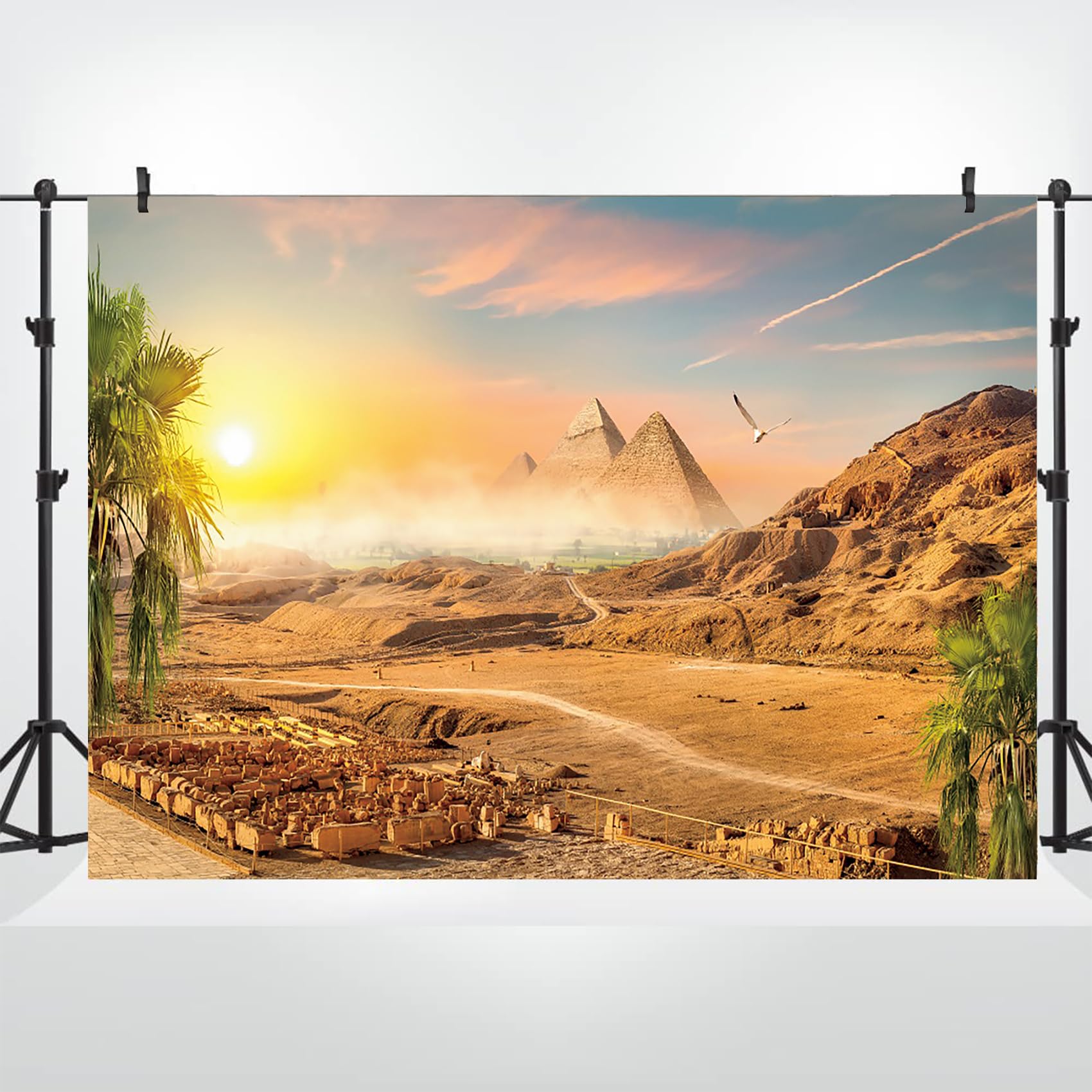 Bovlleetd Egypt Backdrop 7x5ft Vinyl Egyptian Sunset Sky Scenery Ancient Egypt Desert Photography Background Coconut Tree Backdrop for Adult Kid Travel Vacation Portrait Photoshoot Studio
