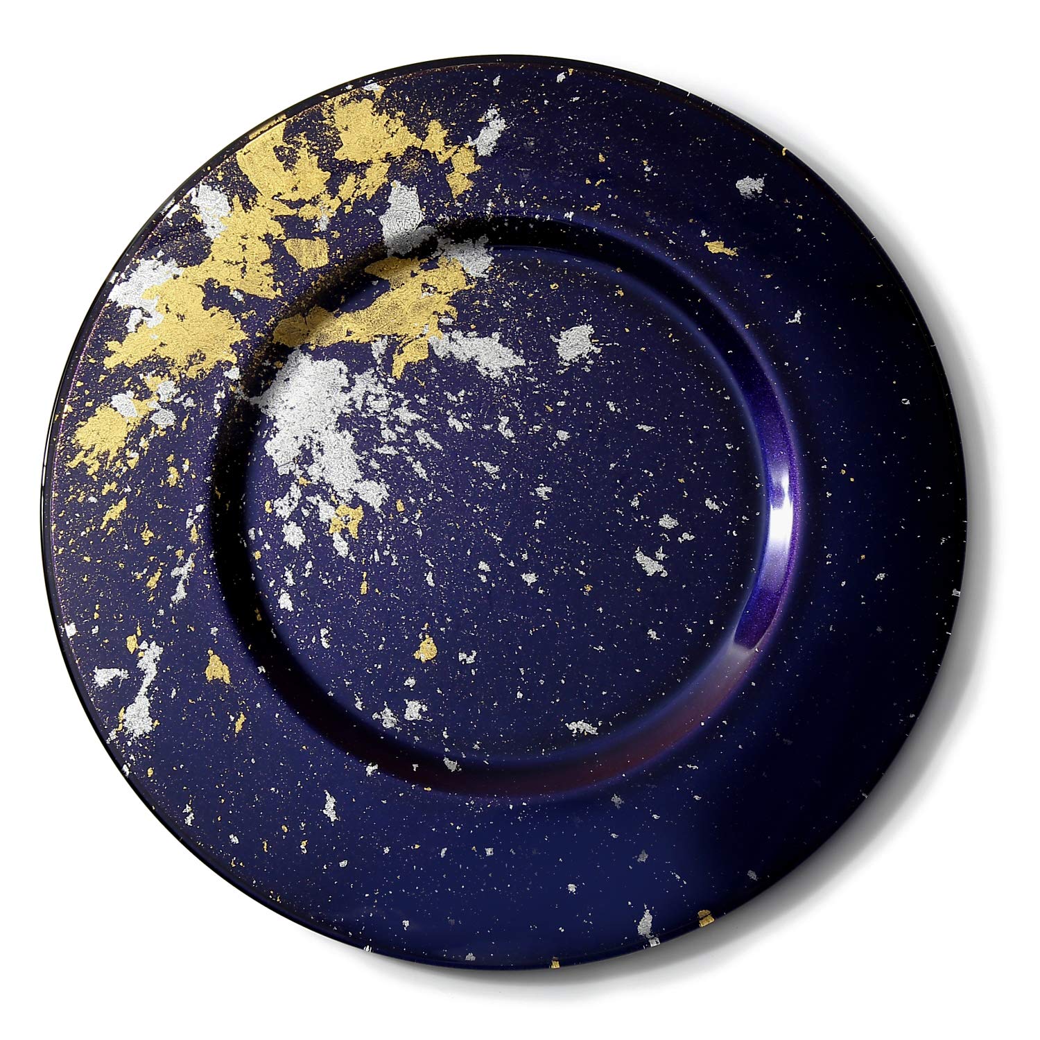 Syosaku Japanese Urushi Glass Charger Plate-L Φ13.9-inch Majestic Blue with Gold Leaf, Dishwasher Safe