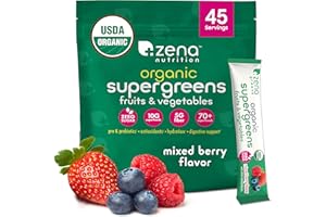 Zena Nutrition Organic Super Greens Powder, 70+ Superfoods, 0 Sugar, 5G Fiber, Spirulina, Chlorella, Antioxidants, Prebiotics/Probiotics, Digestive Enzymes, Mixed Berry, 45 Drink Mix Packets