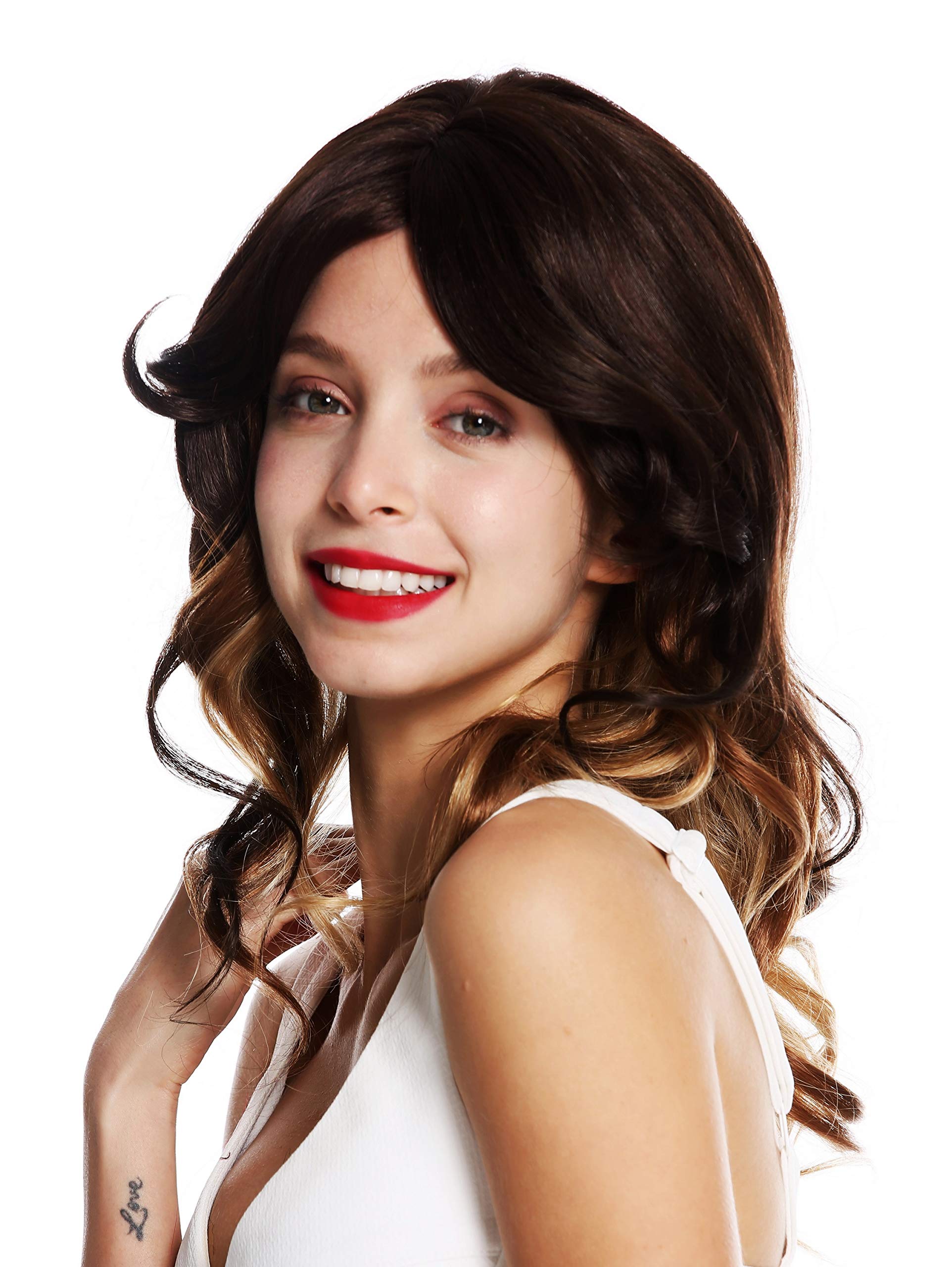 WIG ME UP - VK-45-LX3316 quality women's wig long very voluminous wavy waved parting mahogany brown blonde highlights