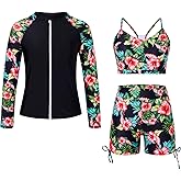 Funnycokid Girls Swimsuit 3 Pieces Zip Rash Guard Bathing Suits Set Kids Bikini Boyshort Summer Swimwear 3-14 Years
