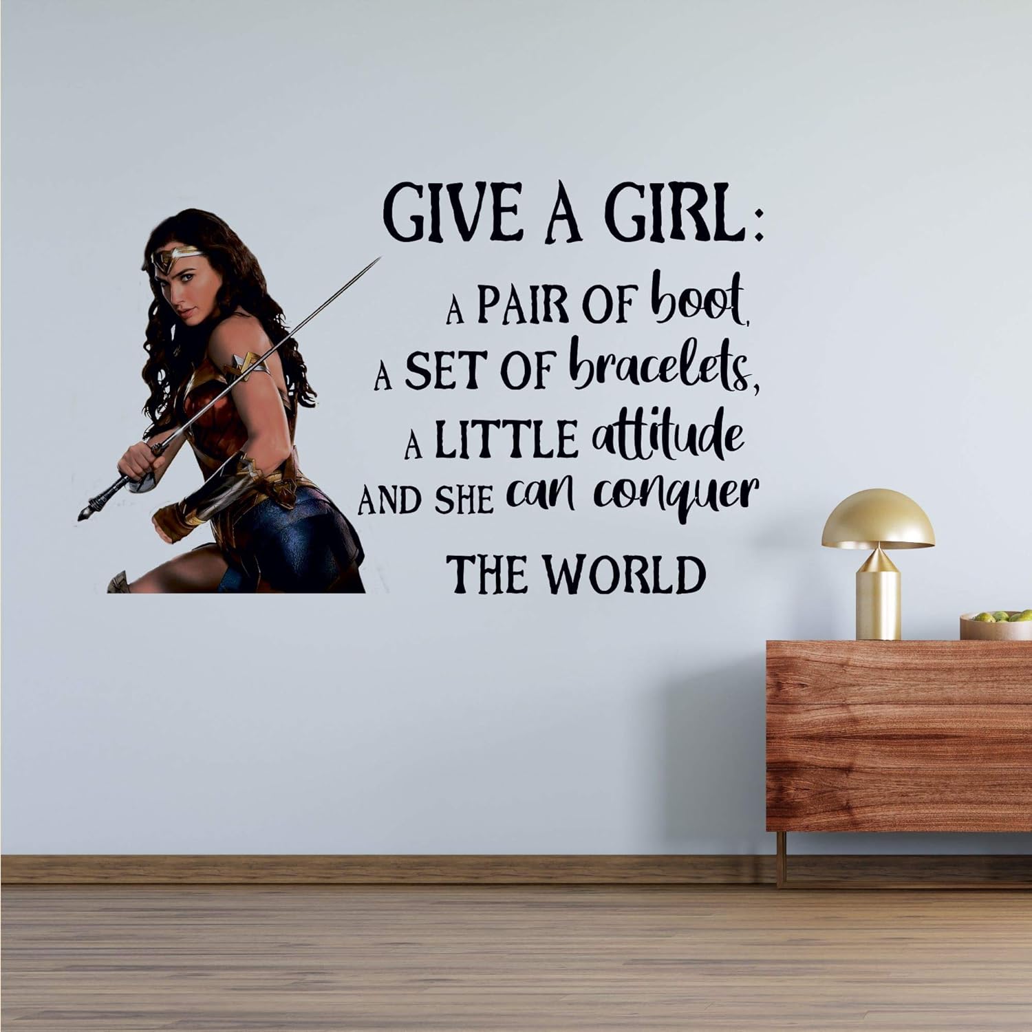 Amazon Com Wonder Woman Gal Gadot Wall Mural Art Decal What Women Needs Quotes 13 X 20 Vinyl Home Dc Comics Justice League Superhero Adhesive Decor Design Girls Kids Bedroom Living Room