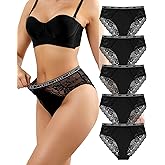 LEVAO Women's High Waist Cotton Underwear Lace Trim Bikini Panties - Soft Comfort Everyday Briefs with Logo Waistband S-2XL