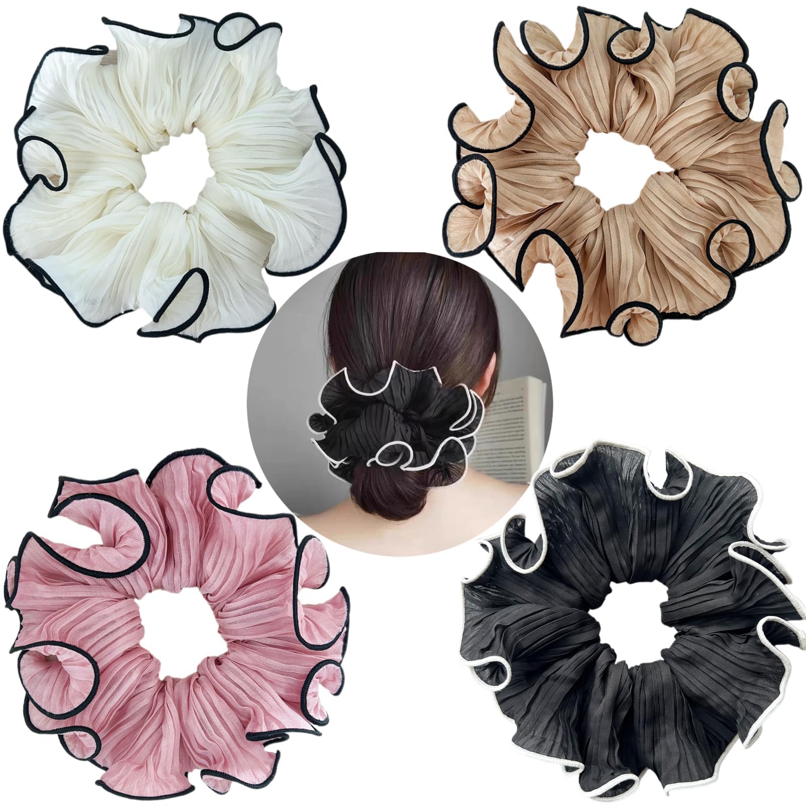 Ypkia Pack of 4 Chiffon Scrunchies Hair Bobbles with Large Flower Women's Rubber Bands Soft Elastic Ponytail Holder for Women Girls Hair Accessories