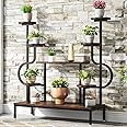 Tribesigns 8-Tier Metal Plant Stand, Large Tall Plant Shelf for Multiple Plants, Round & Square Boards, Wood Indoor Ladder Holder Flower Rack for Living Room, Patio, Balcony (Rustic Brown & Black)