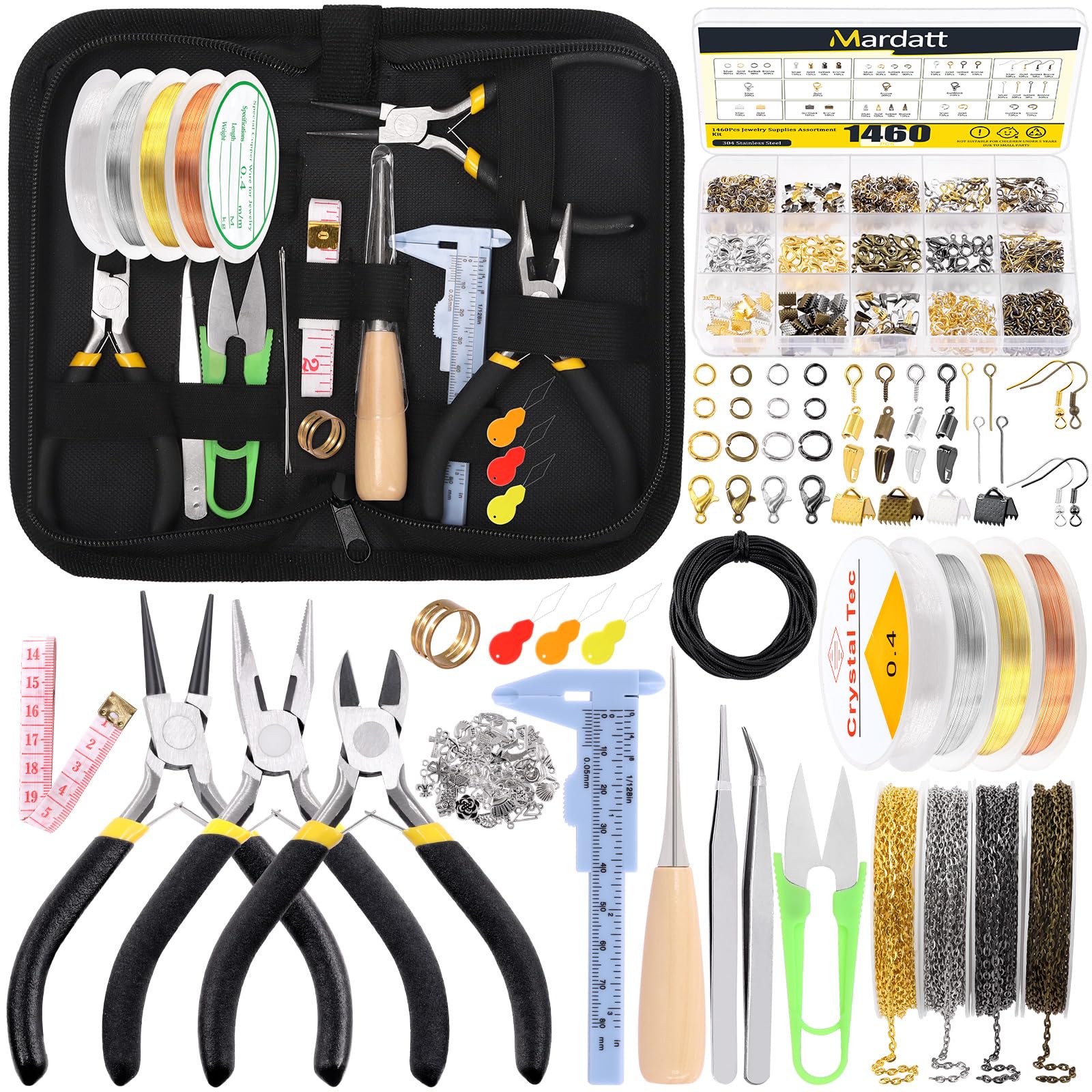 Mardatt Jewelry Making Supplies Kit - 1587 Pcs Includes Pliers, Wires, Silver Charms, Chains, Jump Ring Opener and Tweezers for Jewelry Repair