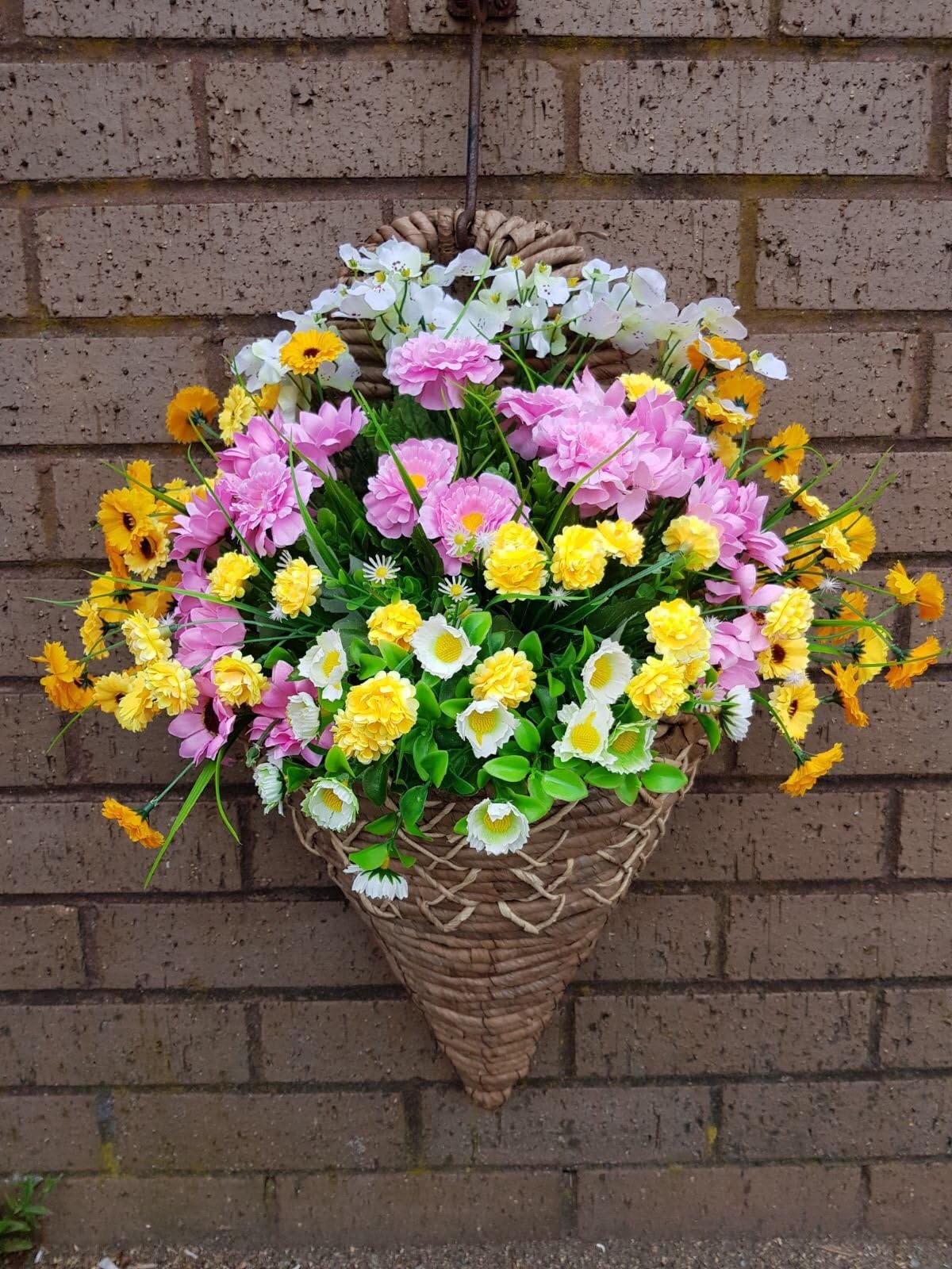 Eternal Bloom Wall Mounted Brown & cream Basket/Out Door uv protected Yellow, Pink & white Flowers, Basket and Bark included - ready to hang