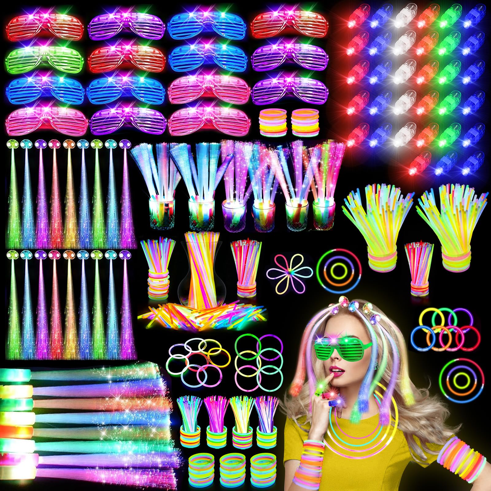 Photo 1 of OLUPP 290 PCS Glow in the Dark Party Supplies, 200 Glow Sticks, 24 Fiber Optic Wands, 15 LED Glasses, 33 Finger Lights and 18 LED Hair Clips for Wedding, Birthday, Concert, Raves, New Year