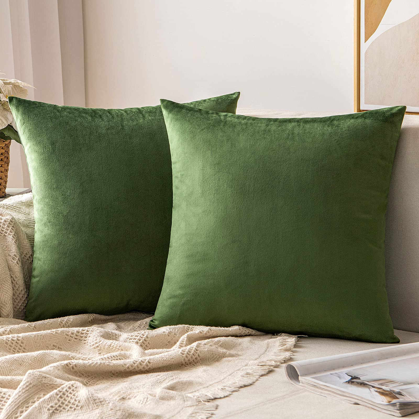 Photo 1 of MIULEE Pack of 2 Velvet Soft Solid Decorative Square Throw Pillow Covers Set Cushion Case for Spring Sofa Bedroom Couch 18x18 Inch Moss Green