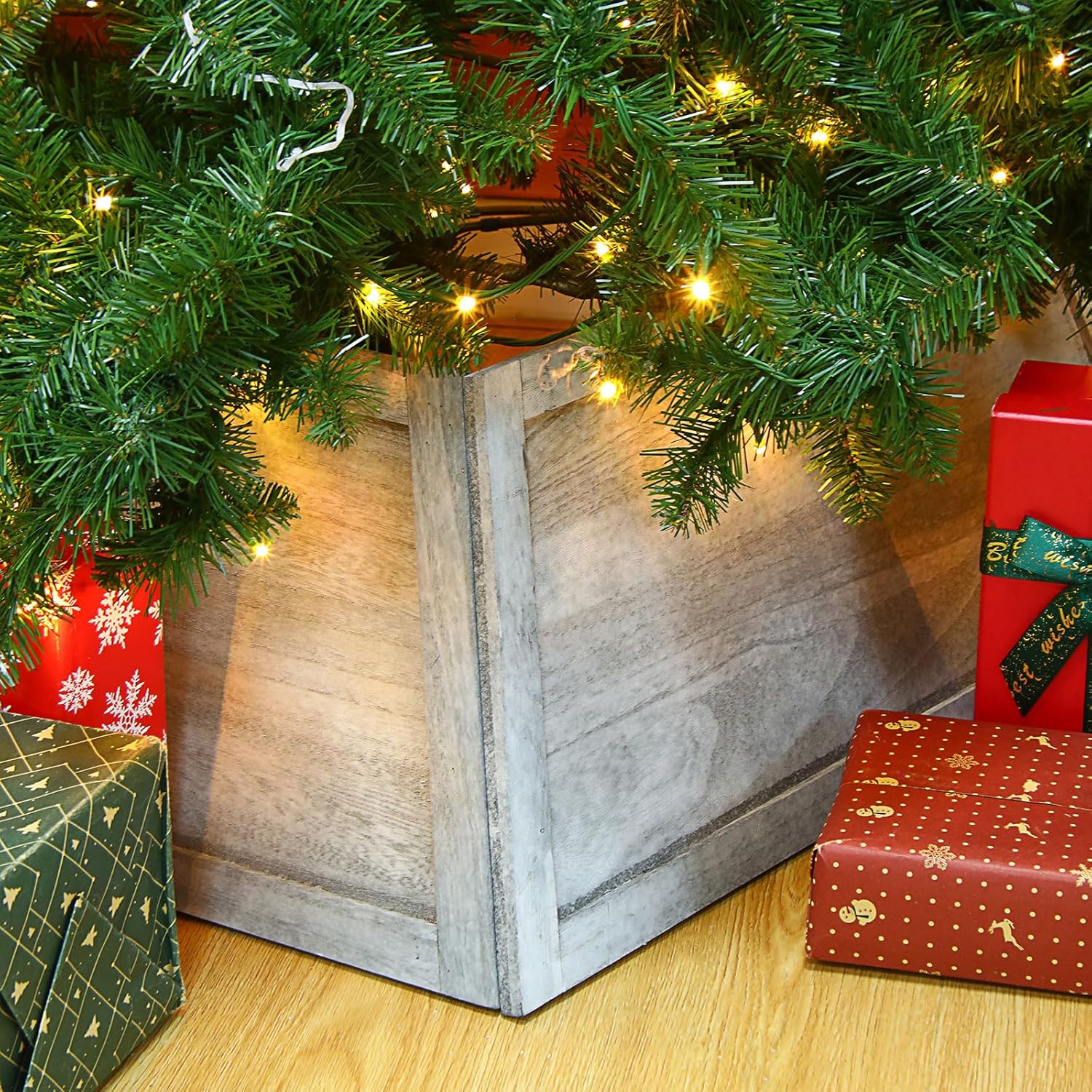 Tree Stands - Wesiti Christmas Tree Box Collar 26 Inch Farmhouse Trapezoid Wooden Christmas Tree Stand Cover Box Christmas Tree Ring for Home Festive Christmas Trees Decoration, Rustic White