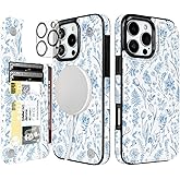 uCOLOR for iPhone 16 Pro Max Wallet Case Magsafe with Card Holder Slot【Compatible with MagSafe】 Folio Flip PU Leather Design with Camera Lens Protector 6.9"(Blue Toile Flowers)