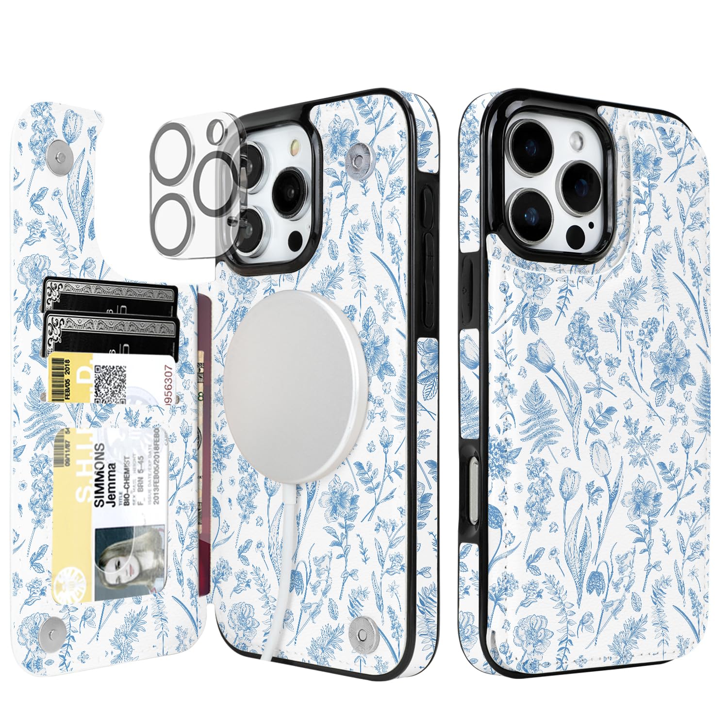 uCOLOR for iPhone 16 Pro Max Wallet Case Magsafe with Card Holder Slot【Compatible with MagSafe】 Folio Flip PU Leather Design with Camera Lens Protector 6.9"(Blue Toile Flowers)
