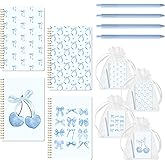 CNhoqc Blue Bow Spiral Notebook - 4-Sets A5 Watercolor Coquette College Ruled Paper Lined Pages Spiral Bound Journal Hardcover Notebook Ballpoint Pens Organza Bags Note Taking Work School Supplies