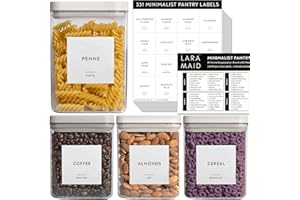 LARAMAID 331 Ultimate Pantry Label Set, Black Text on White Vinyl Waterproof Label Sticker with Removable Adhesive- Fits on Round, Square and Rectangle Jars - Organize Pasta, Baking, Legume and Grain