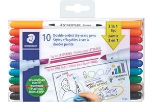STAEDTLER Double-Ended Dry Erase Pens: Set of 10 Assorted Colours - Bold & Chisel Tips - Use on Glass, Whiteboards, Films, La