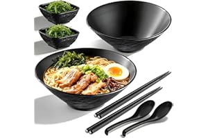 Berglander Ramen Bowl Set 1200mL of 2 with Dipping Bowls Chopsticks Spoons, Unbreakable Japanese Style Plastic Noodle Soup Bo