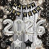New Years Eve Party Supplies 2026 Kit - Pack of 153, Huge Silver 2026 Balloons,Happy New Year Banner,Black and Silver Hanging Swirls, Fringe Backdrop for NYE Decorations 2026