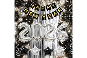 KALOR New Years Eve Party Supplies 2026 Kit - Pack of 153, Huge Silver 2026 Balloons,Happy New Year Banner,Black and Silver Hanging Swirls, Fringe Backdrop for NYE Decorations 2026