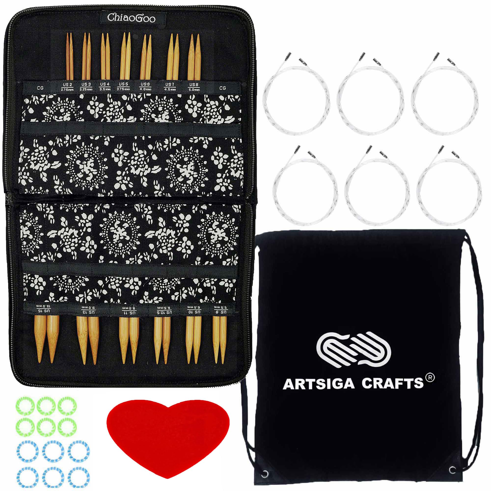 ChiaoGoo Spin Bamboo 5-Inch Complete 2500-C Interchangeable Circular Knitting Needle Set, Sizes US 2, 3, 4, 5, 6, 7, 8, 9, 10, 10.5, 11, 13, 15 with 6 Cords with Project Bag