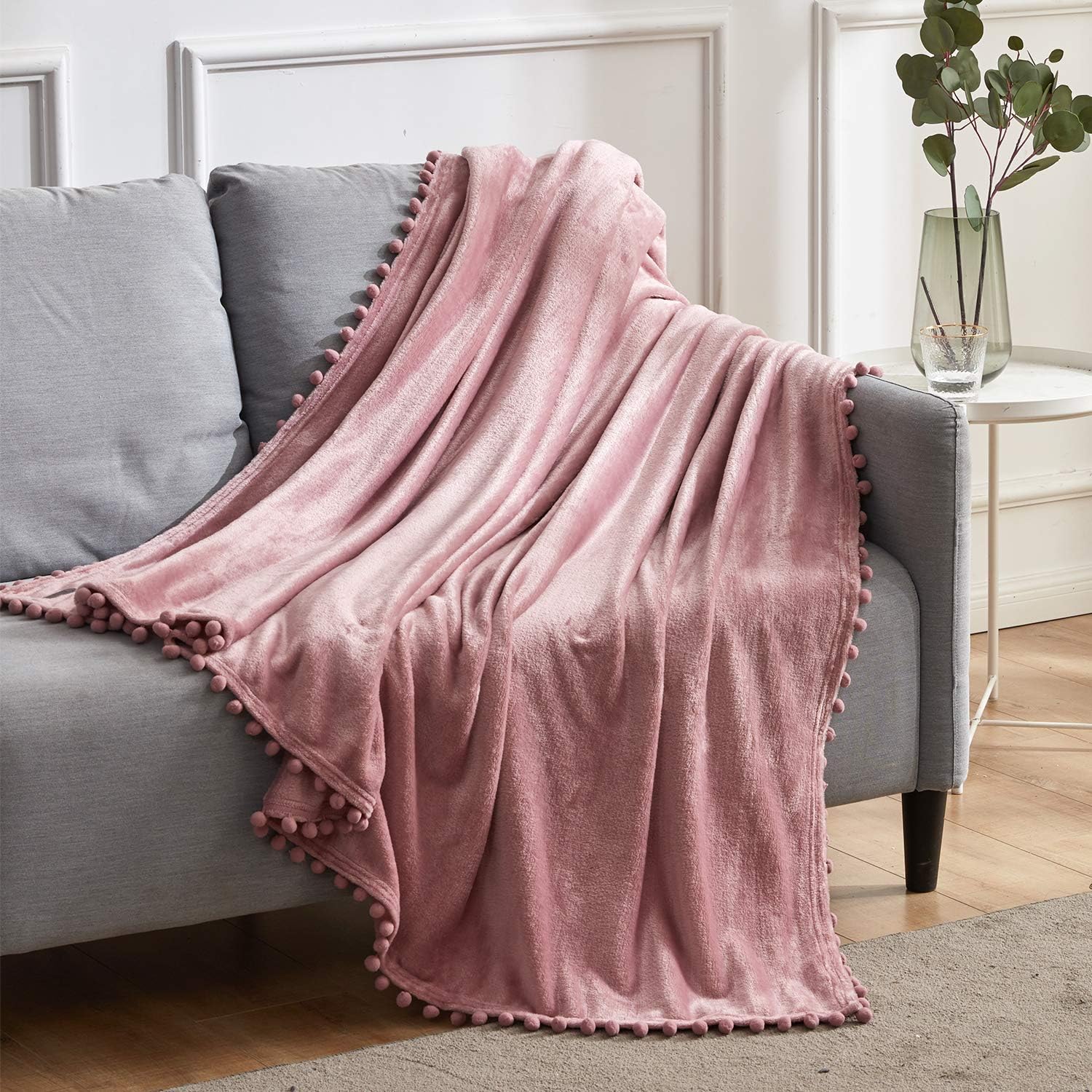 BEAUTEX Fleece Throw Blanket with Pompom Fringe, Dustypink Flannel Blankets and Throws for Couch, Super Soft Cozy Lightweight Plush Throw Blanket (50" x 60"): Home & Kitchen