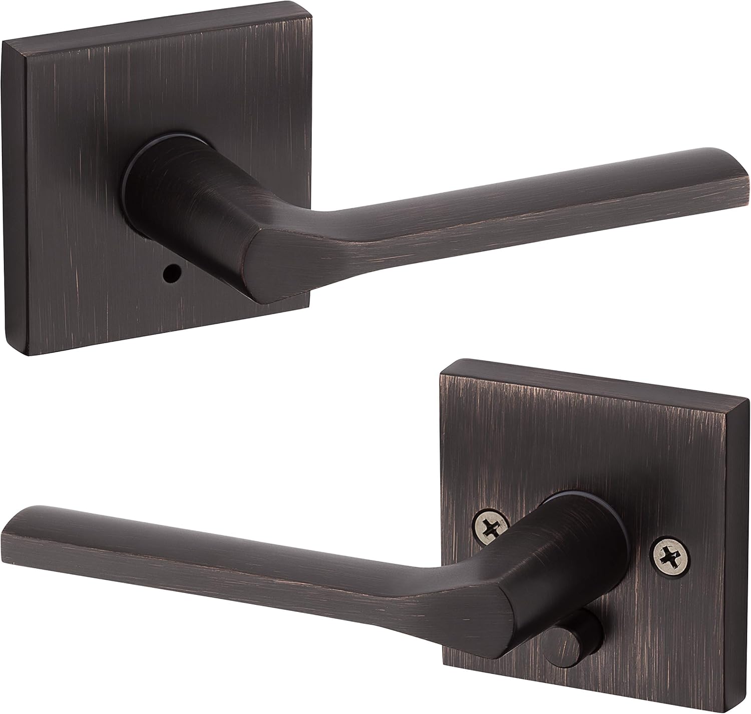 Kwikset 91550-021 Lisbon Door Handle Lever with Modern Contemporary Slim Square Design for Home Bedroom or Bathroom Privacy in Venetian Bronze