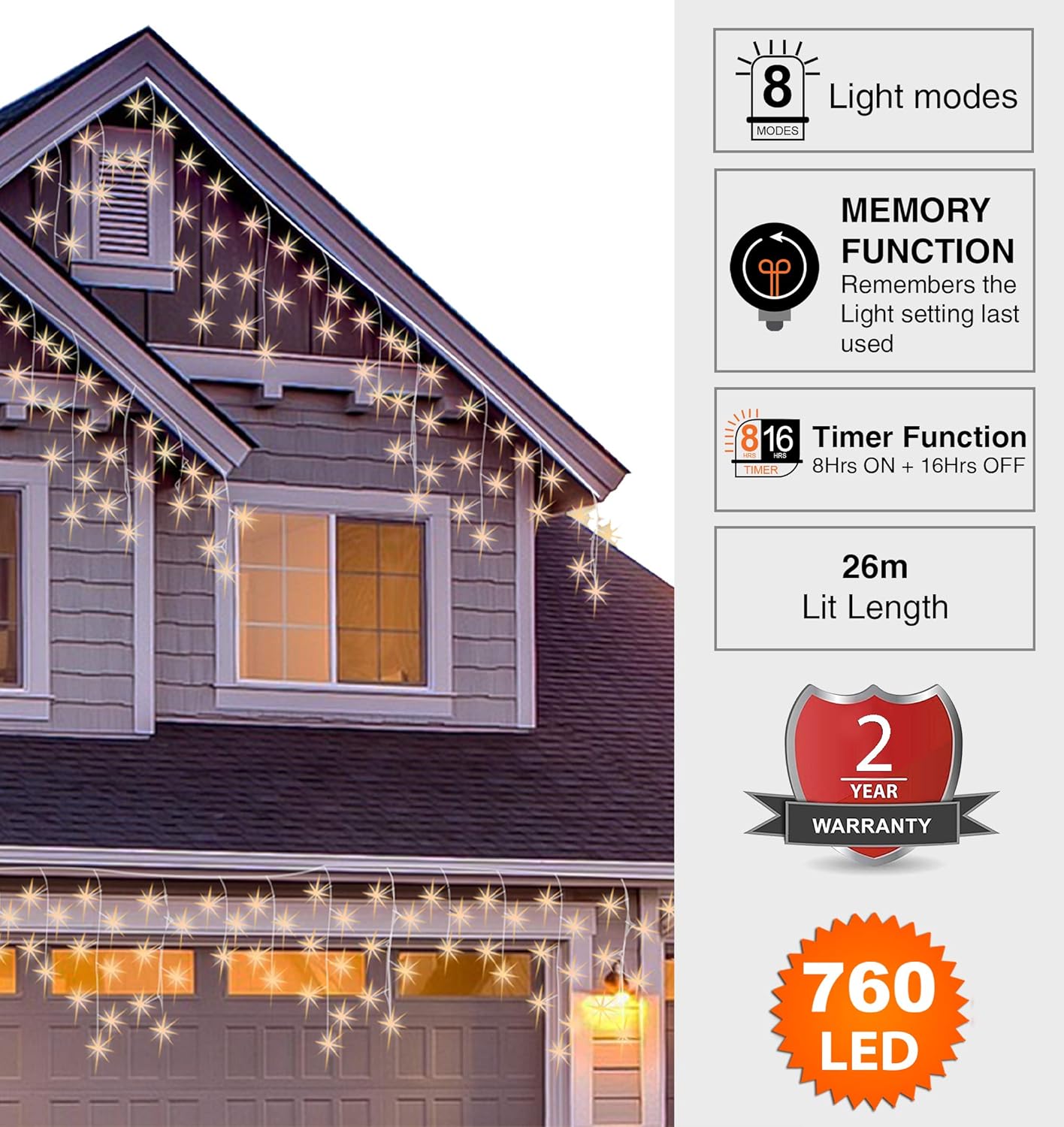 ANSIO® Outdoor Christmas Lights 760 LED 26m/83ft Icicle Lights Outdoor & Indoor Warm White Decorations String Fairy Outside Lights with Timer for Xmas Garden & Party - Image 4