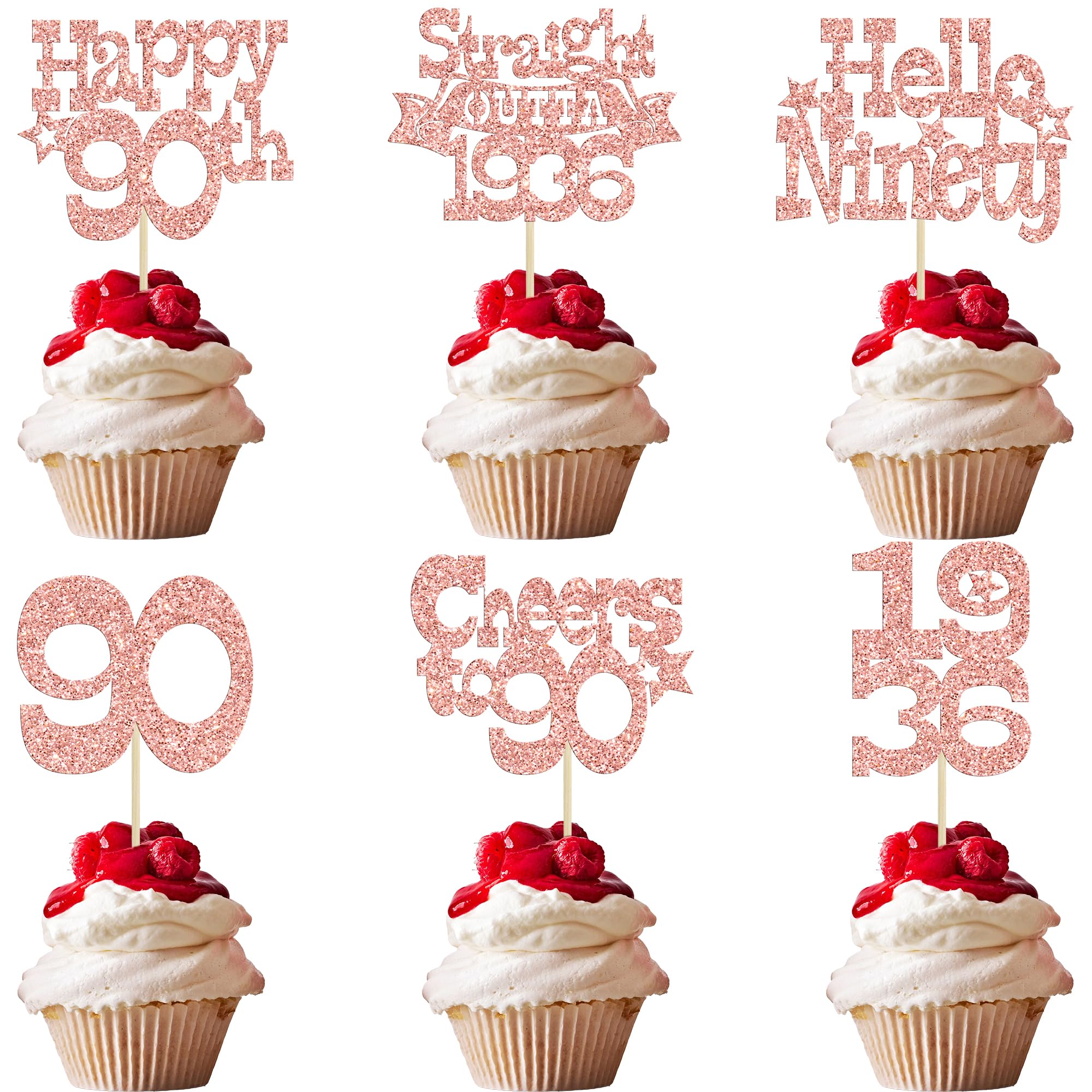 Ephlyn 30Pcs Happy 90th Birthday Cupcake Toppers Glitter Ninety Straight Outta 1936 Cupcake Picks Cheers to 90 Years Cake Decorations for Happy 90th Birthday Anniversary Party Supplies Rose Gold