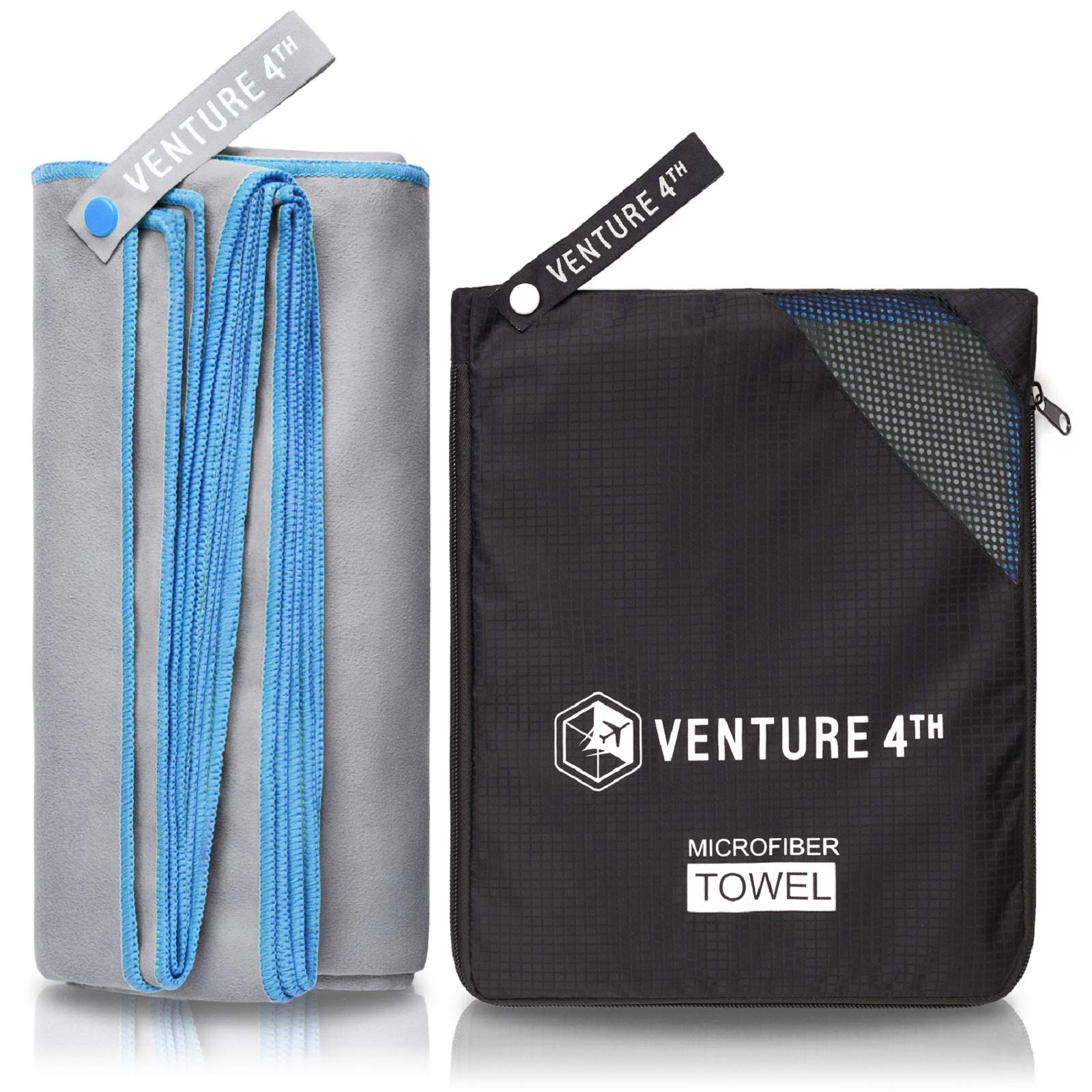 VENTURE 4TH Quick Dry Microfiber Towel - Odor Resistant, High Performance Towels for Gym, Camping, Travel, Yoga and Beach (Gray-Blue Large) - Includes Tear Resistant Bag