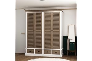 Hitow Armoire Wardrobe Closet with Louver Doors, 4-Door Wardrobe Closet with Hanging Rod, Drawers & Shelves, Free Standing Armoires Cabinet Clothes Organizer for Bedroom, Brown&White