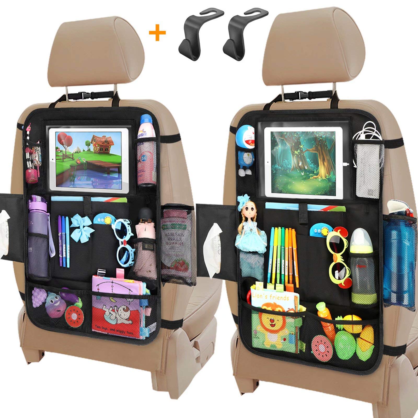 Car Seat Organizer, Backseat Car Organizer with Touchable Tablet Holder , 12 Storage Pockets, 2 Hooks, Earphone Hole Design, 2 Backup Bags, Kick Mats Car Organizer Back Seat (2 Pack)