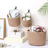 Geiserailie 3 Set 6 8 10 Fabric Wall Hanging Baskets for Organizing 3 Size Boho Basket Storage for Plant Woven Hanging Organizer with Adhesive Hook for Kitchen Boho Wall Decoration(Linen)